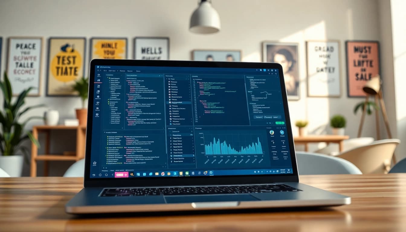 Illustrative depiction of a test automation tool highlighting coding features and productivity in an office.