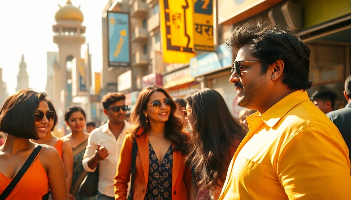 Engaging scene of Bollywood gossip at https://theopinionatedindian.com with vibrant Mumbai backdrop.