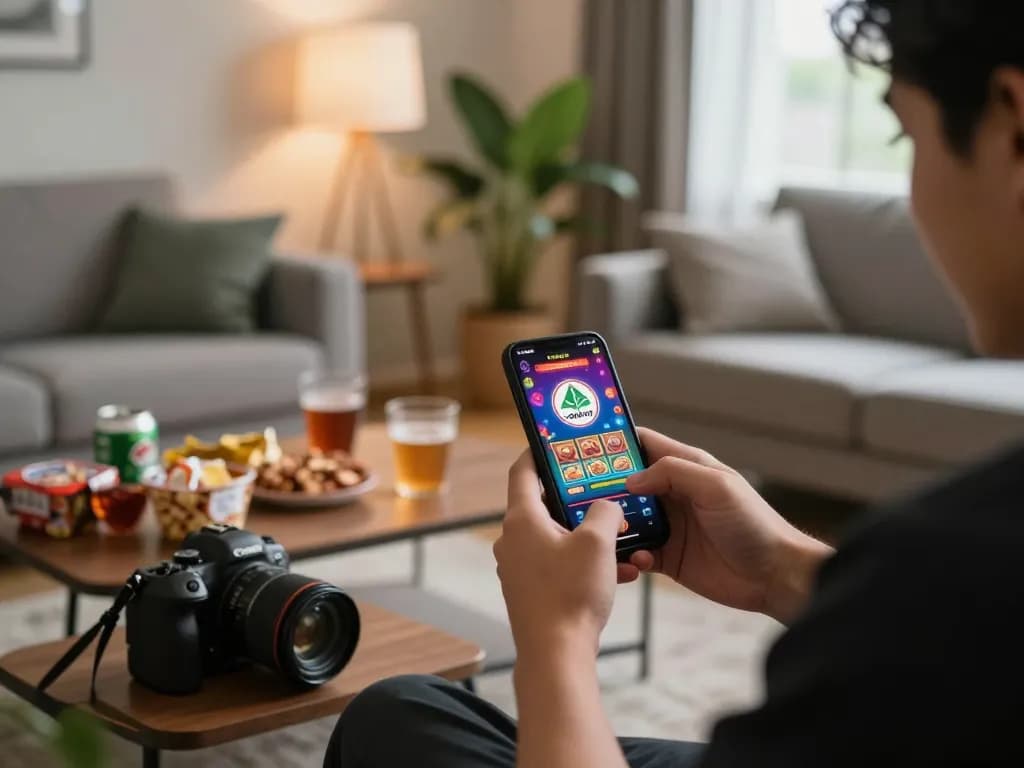 Player engaging with gajah toto mobile app in cozy home setting