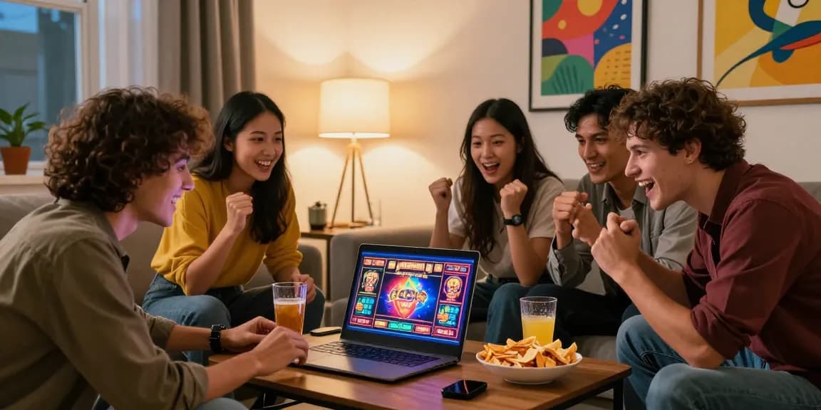 Friends preparing for a slot deposit 1000 online gaming session, surrounded by snacks and drinks in a cozy living room.