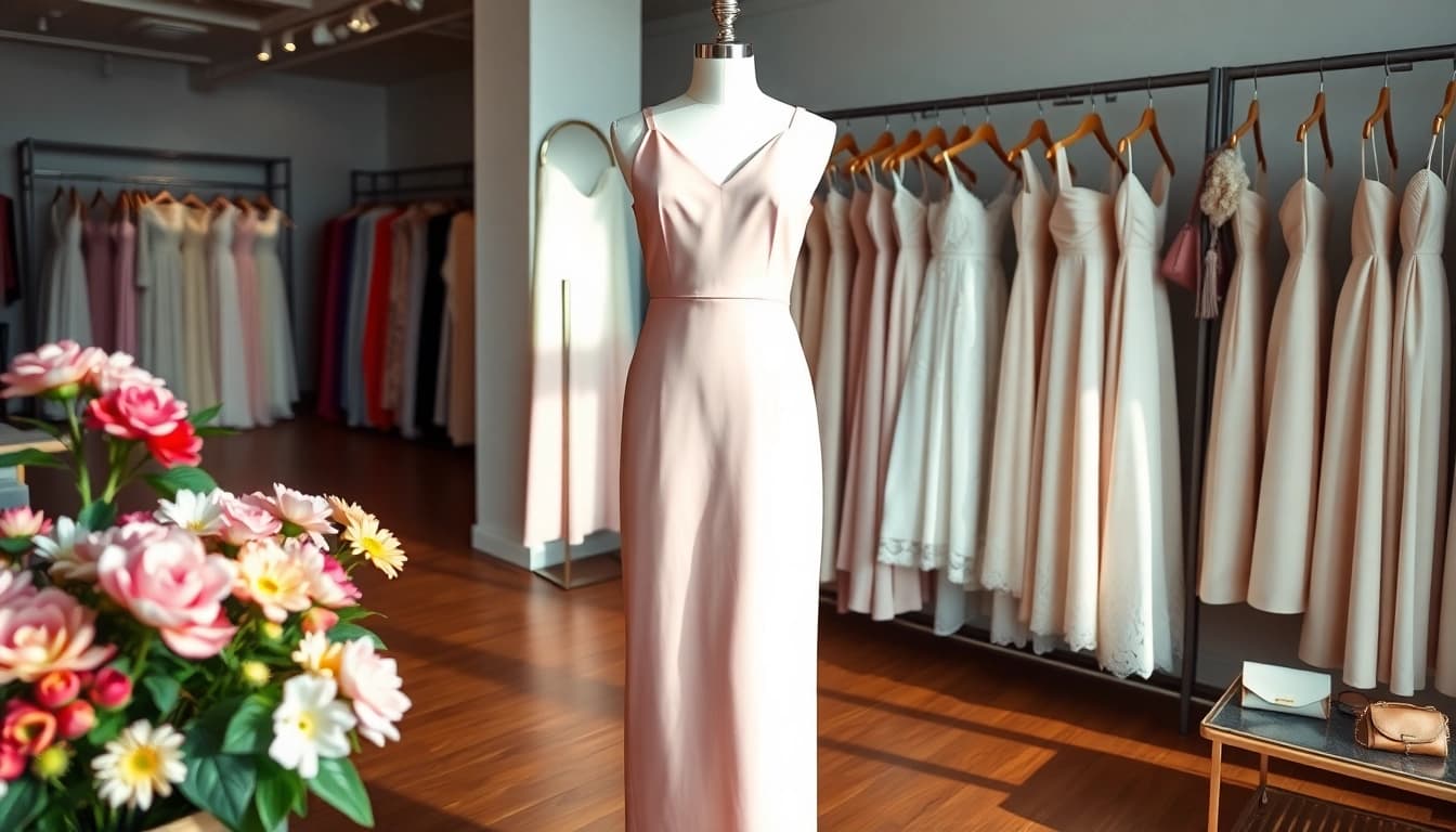 Shop exquisite designer dresses showcased among elegant decor in a boutique.