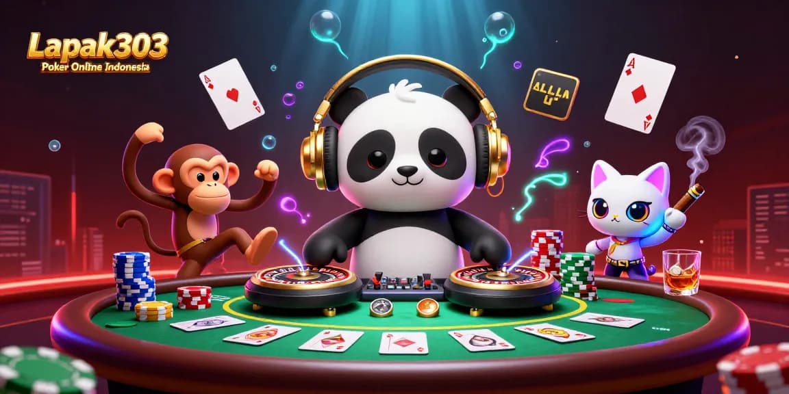 Engaging scene showcasing Lapak303 Poker Online Indonesia with lively characters and poker elements.