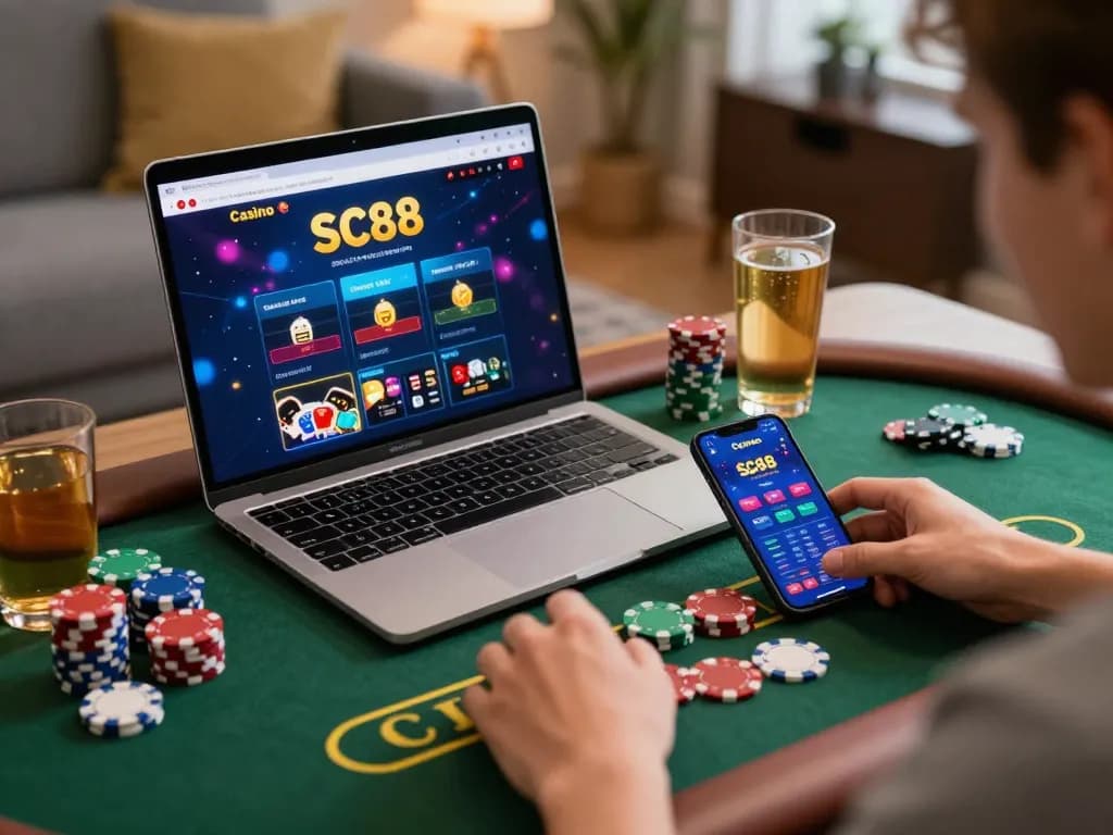 Players enjoying Casino SC88 games on a laptop and smartphone in a cozy home setup