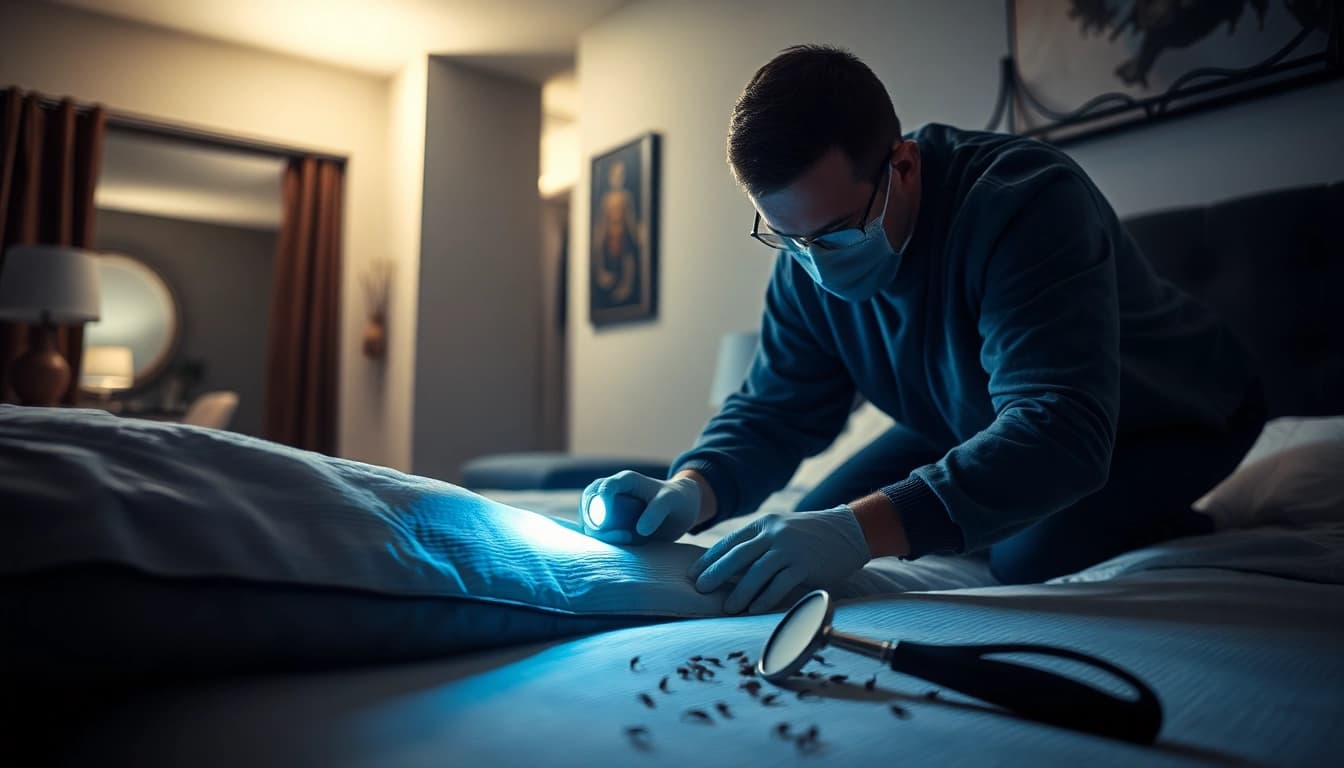 Expert bed bug exterminator inspecting a mattress for an infestation in a home setting.
