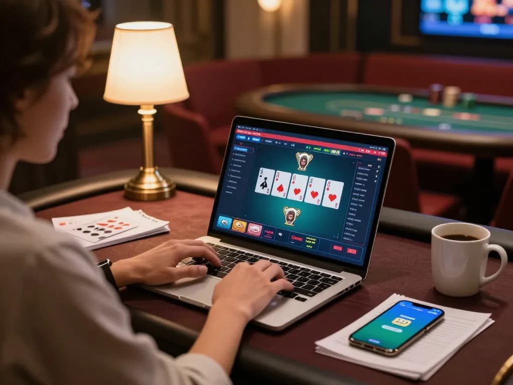 Engaging in an exciting online poker game with W88 interface on a laptop, creating a cozy gaming atmosphere.