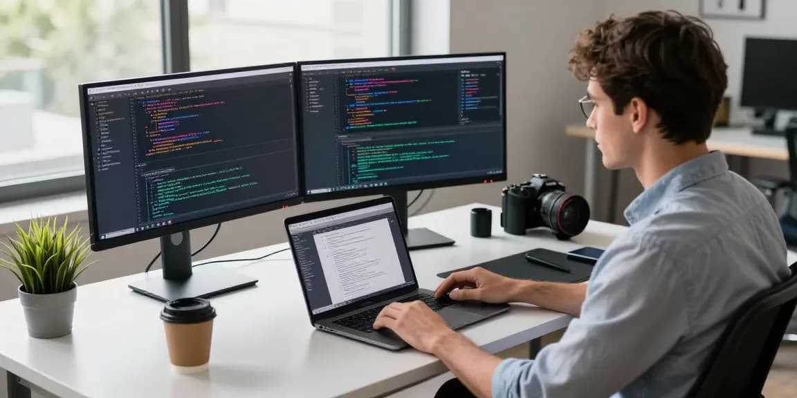 Developer coding at scenadomen.pl workspace with dual monitors and natural light.