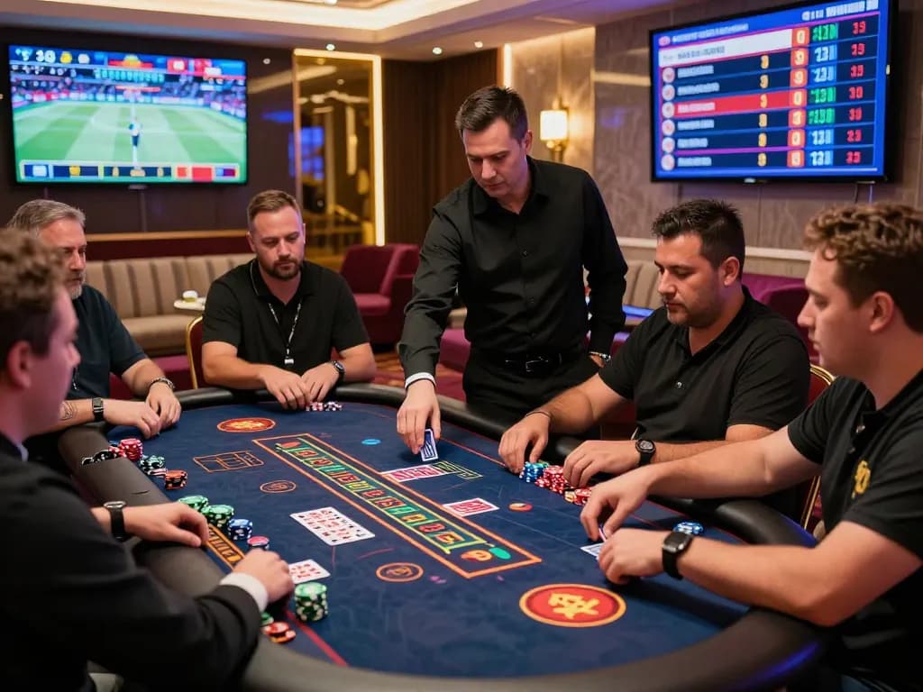 Exciting live casino gaming atmosphere at https://bong99.pro/ with players, dealers, and vibrant LED lights.