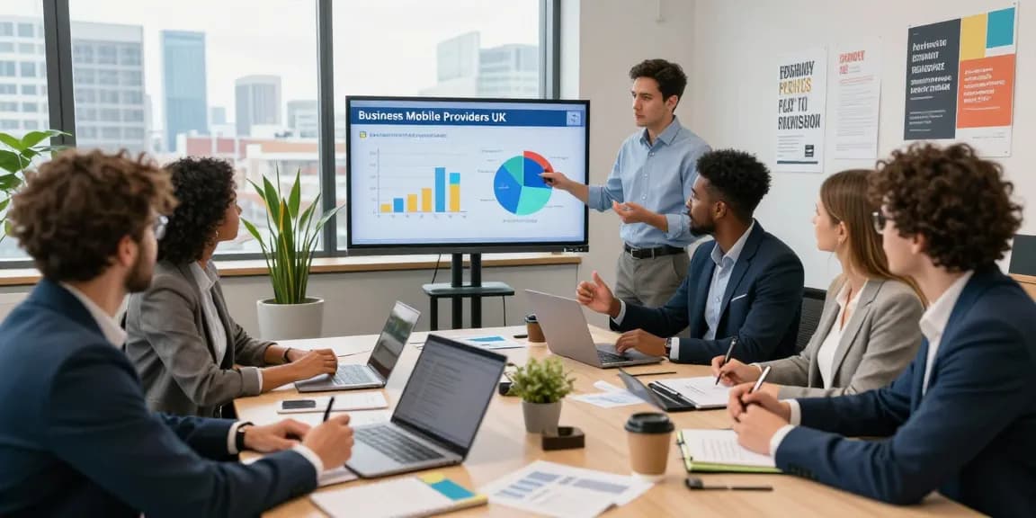 Collaboration in a modern office discussing business mobile providers UK with data presentation.