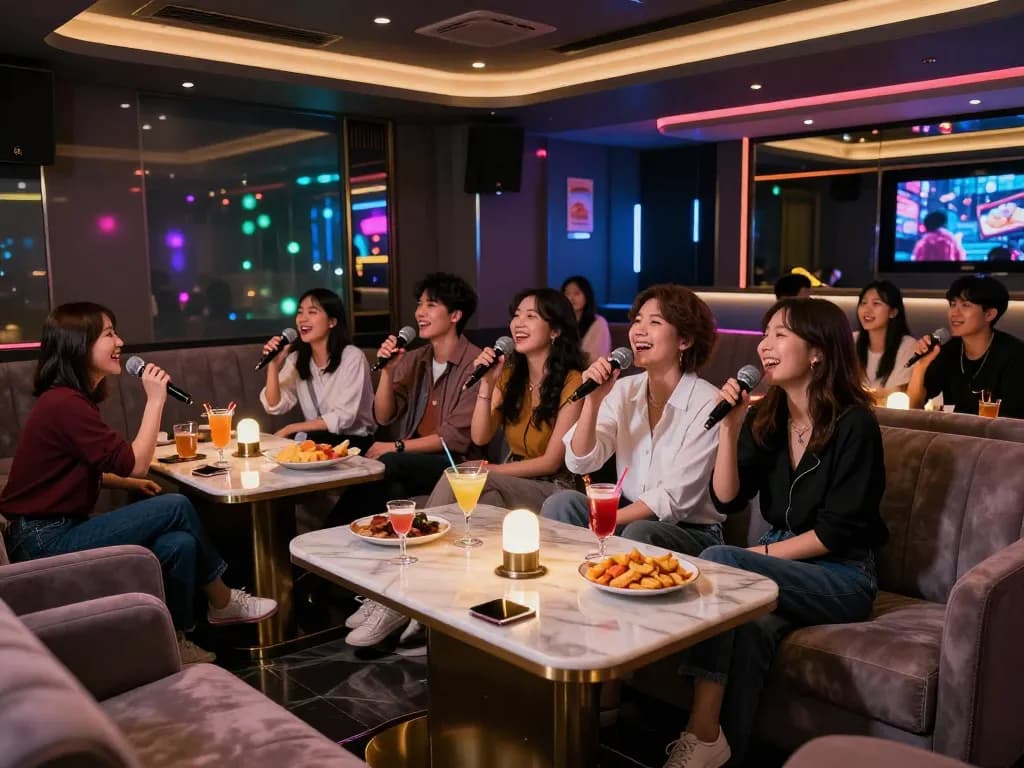 친구들이 칵테일과 함께 고급스러운 밤을 즐기는 gangnamtune.com/runrabbit의 활기찬 노래방 라운지.
