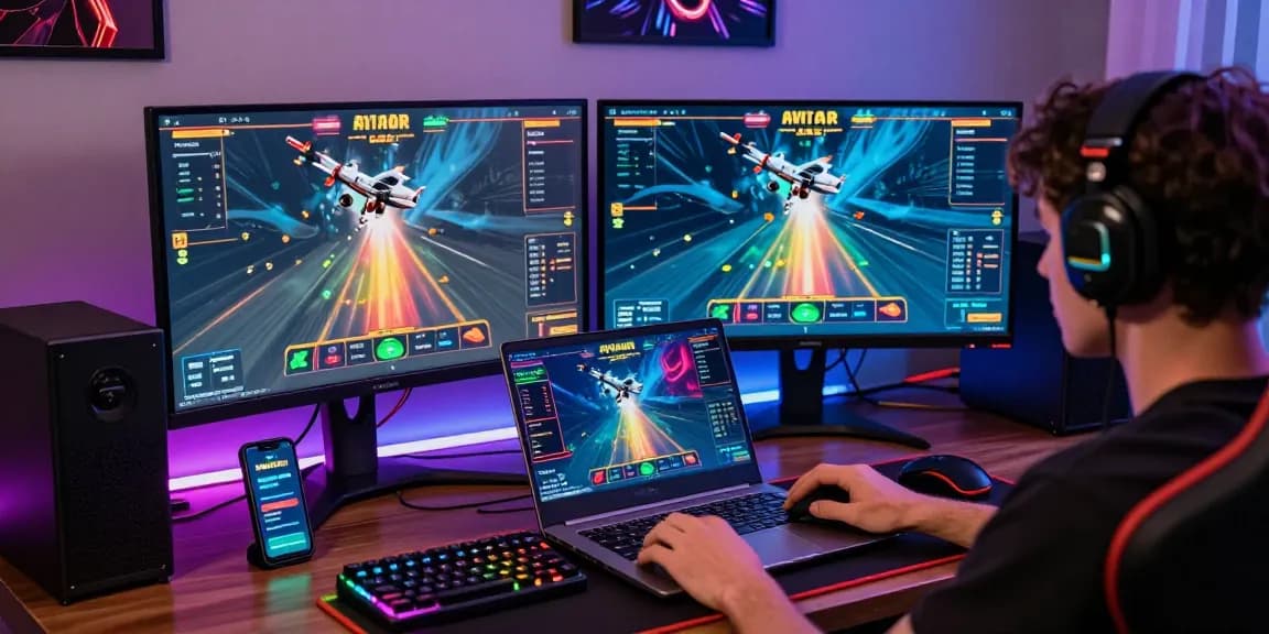Engaging scene of a player enjoying the aviator 1xbet crash game with dynamic graphics and colorful gaming setup.