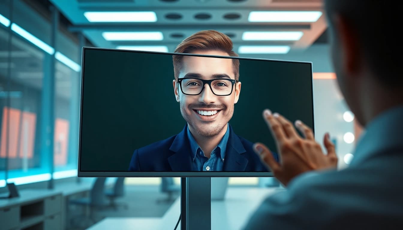 Engaging live avatar illustration interacting with users in a tech-savvy setting.