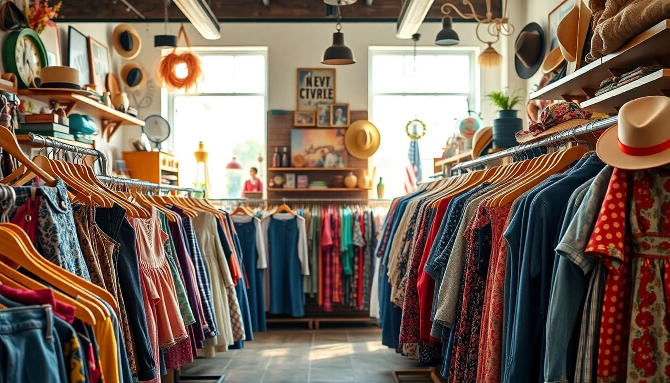 Browse unique vintage items at https://thrift-vintage.com in a colorful thrift shop setting.