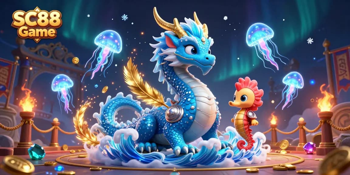 Experience the excitement of SC88 Game with a dynamic scene featuring mystical sea creatures and gaming elements.