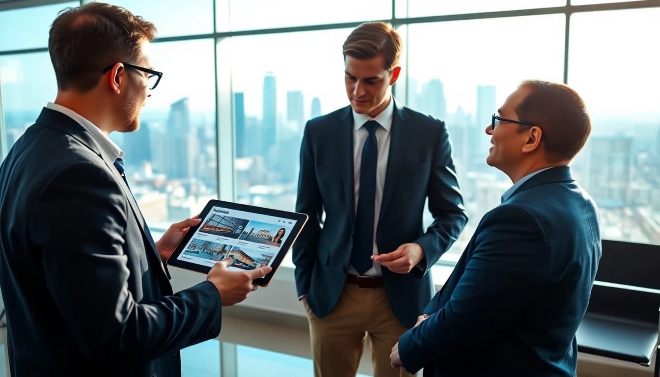 Engaged discussion about businesses for sale in a modern office environment.