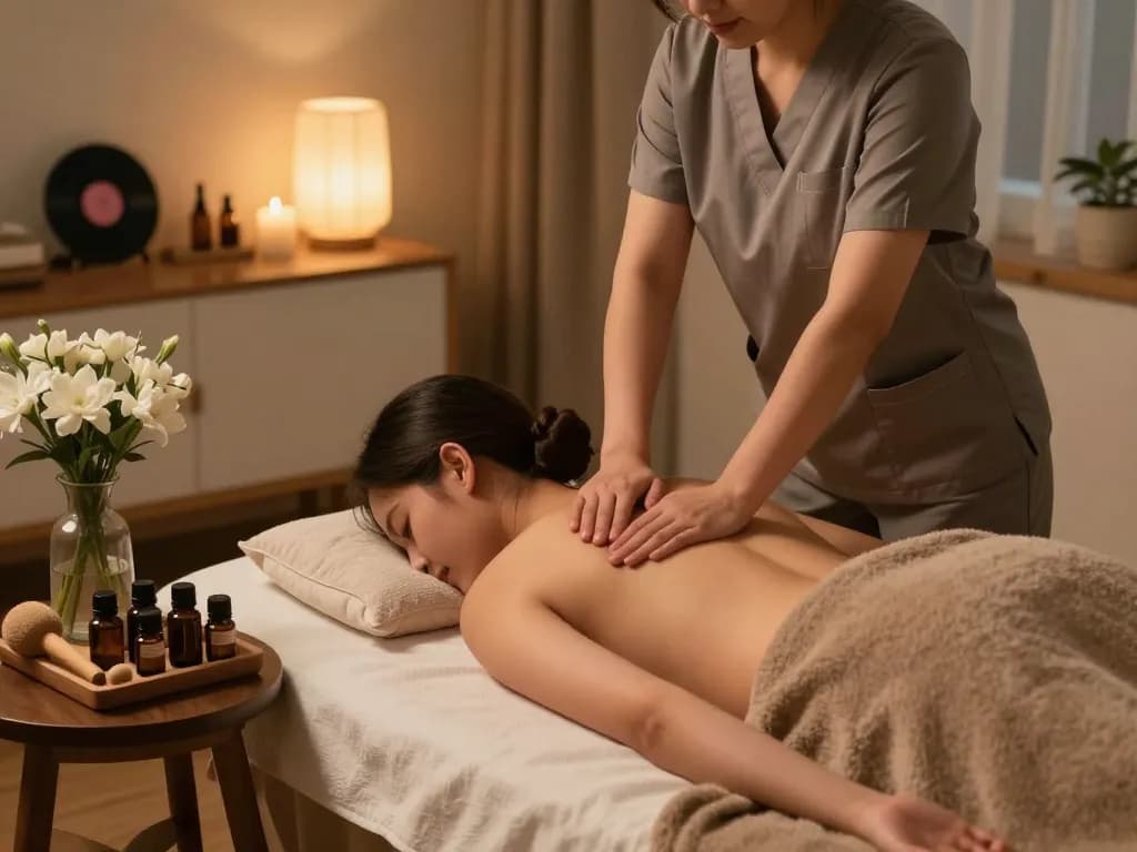 The ultimate relaxation experience with 출장마사지 from https://www.maxim-anma.net in a cozy evening home setting, featuring a professional therapist and tranquil ambiance.