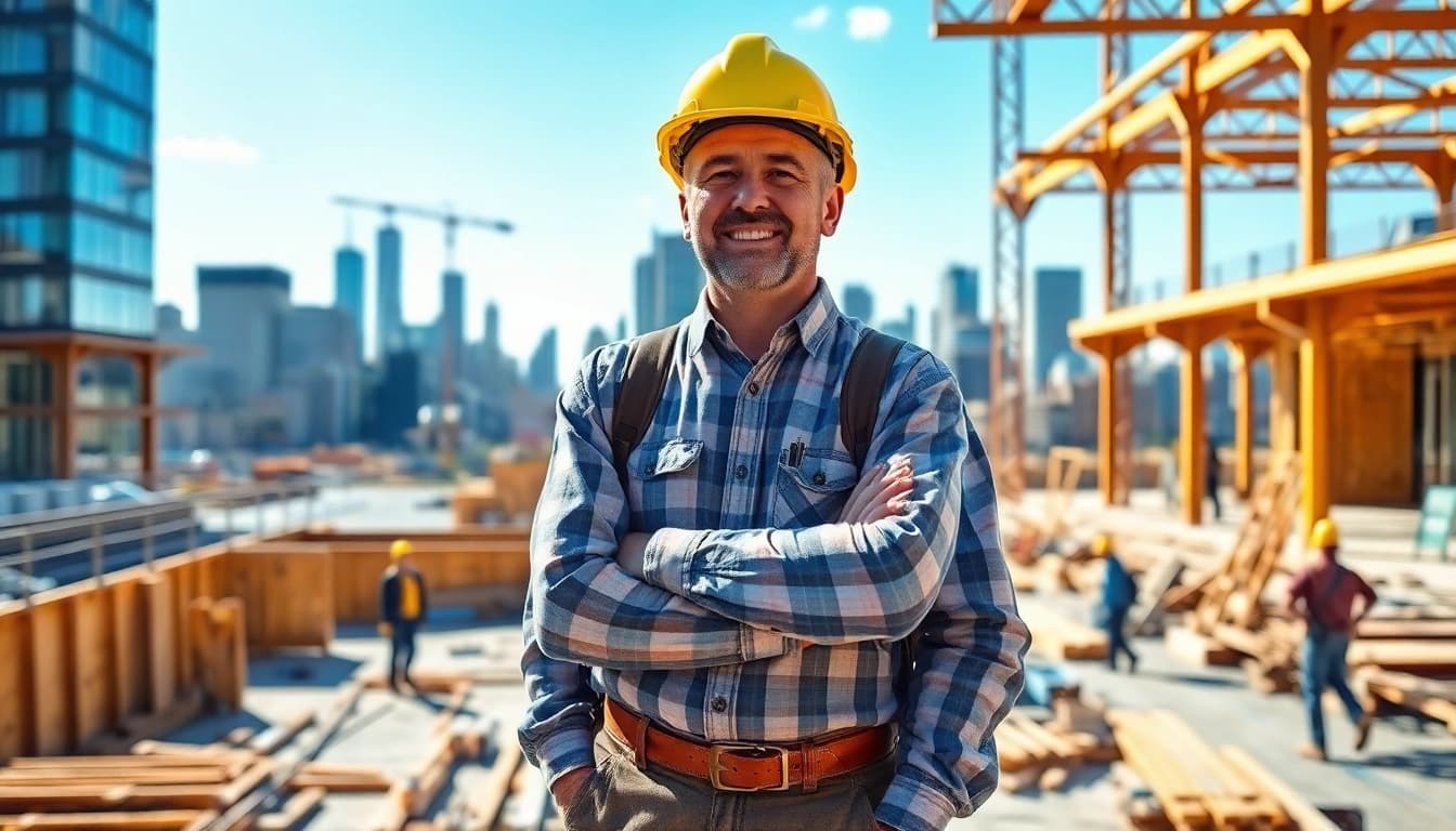 New York General Contractor supervising a busy construction site with city skyline.