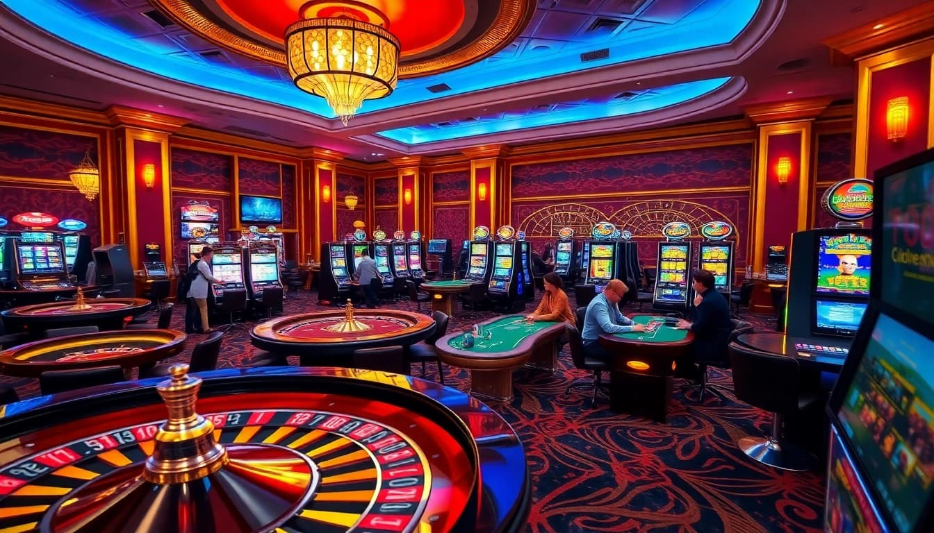 A dynamic gambling scene at jun88pl.com featuring poker tables, slot machines, and vibrant casino vibes.