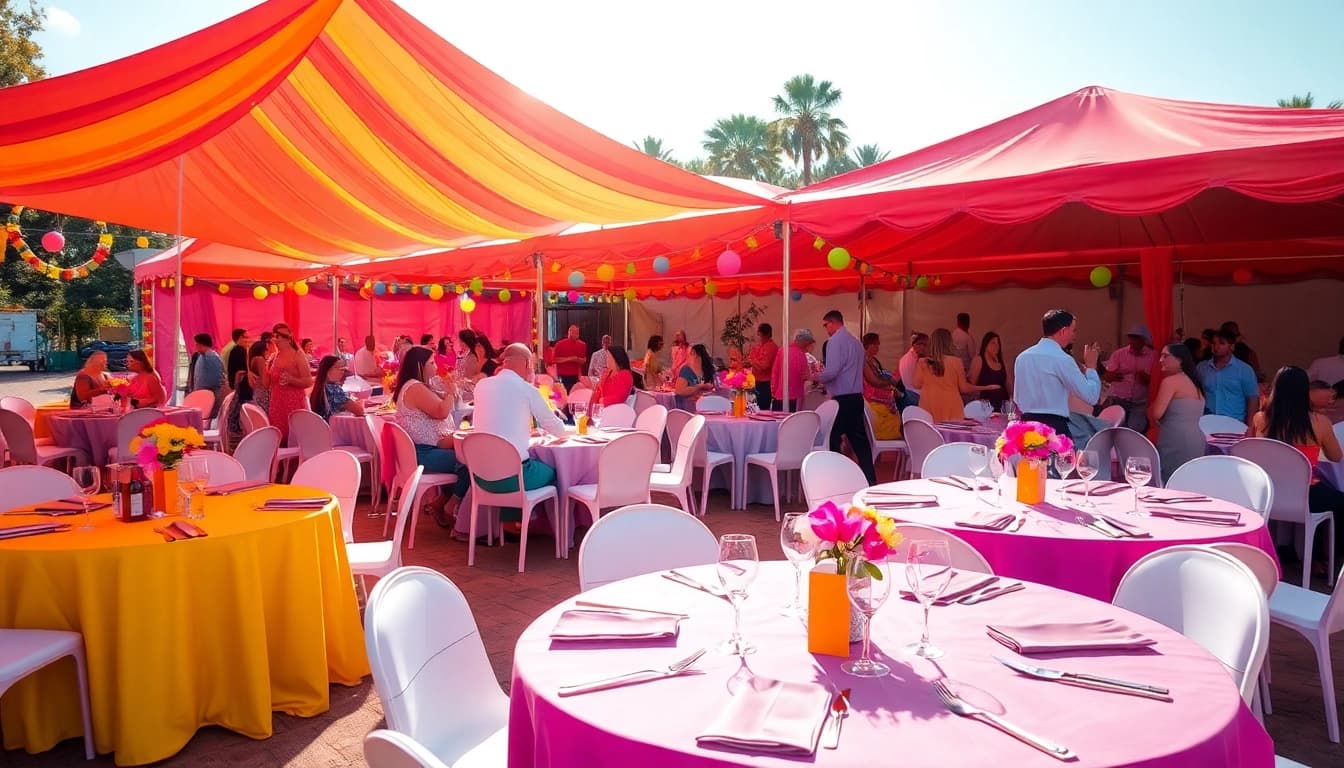 Host an unforgettable event with stunning party rentals including vibrant tents and decorations.
