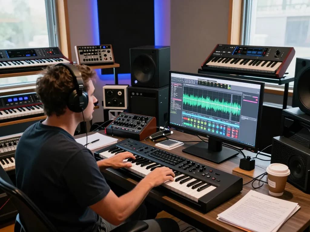 Electronic music producer composing with SC88 sound module in vibrant studio