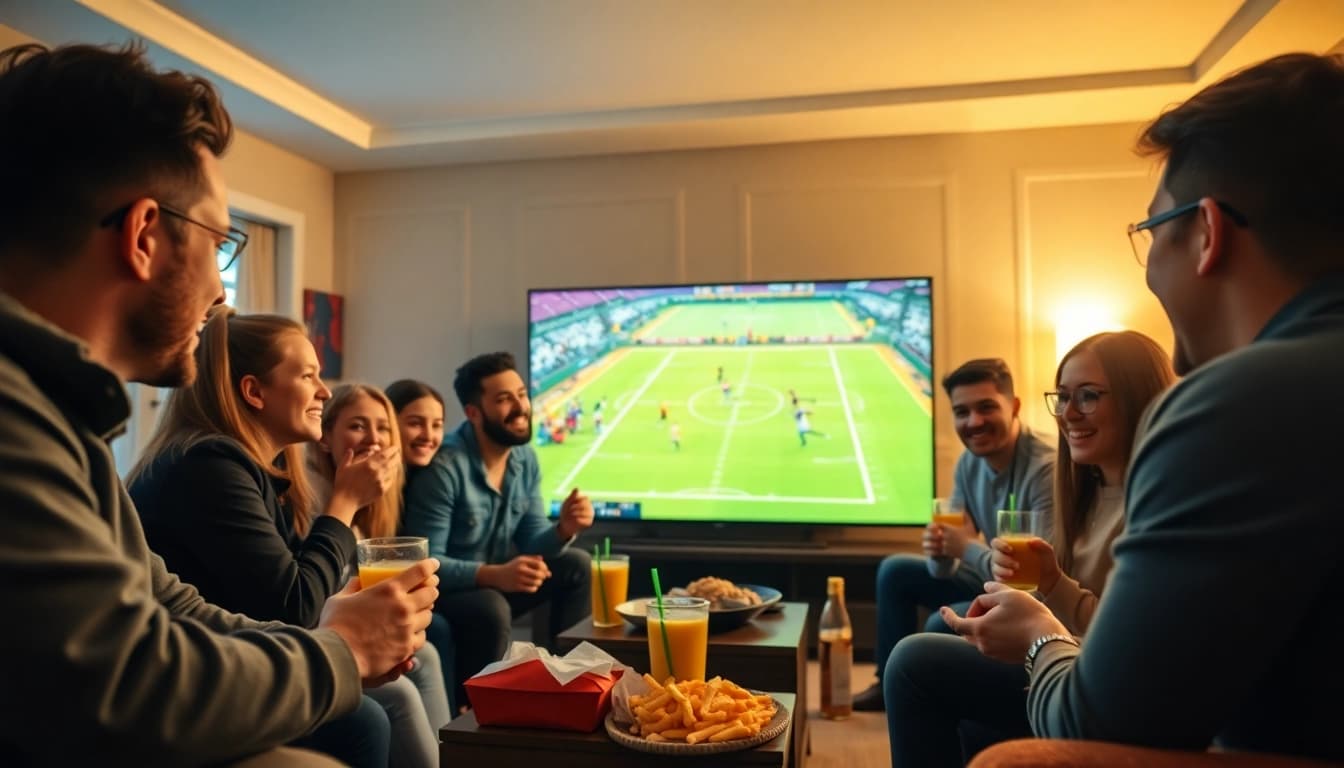 Enjoying livetv with friends in a cozy living room filled with excitement and snacks.
