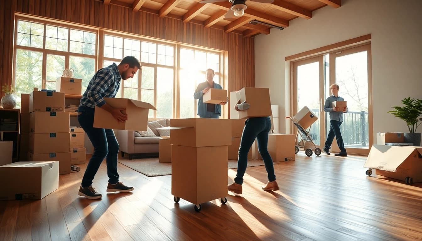 Efficient removals company Cheltenham team packing boxes in a bright living room for a smooth move.