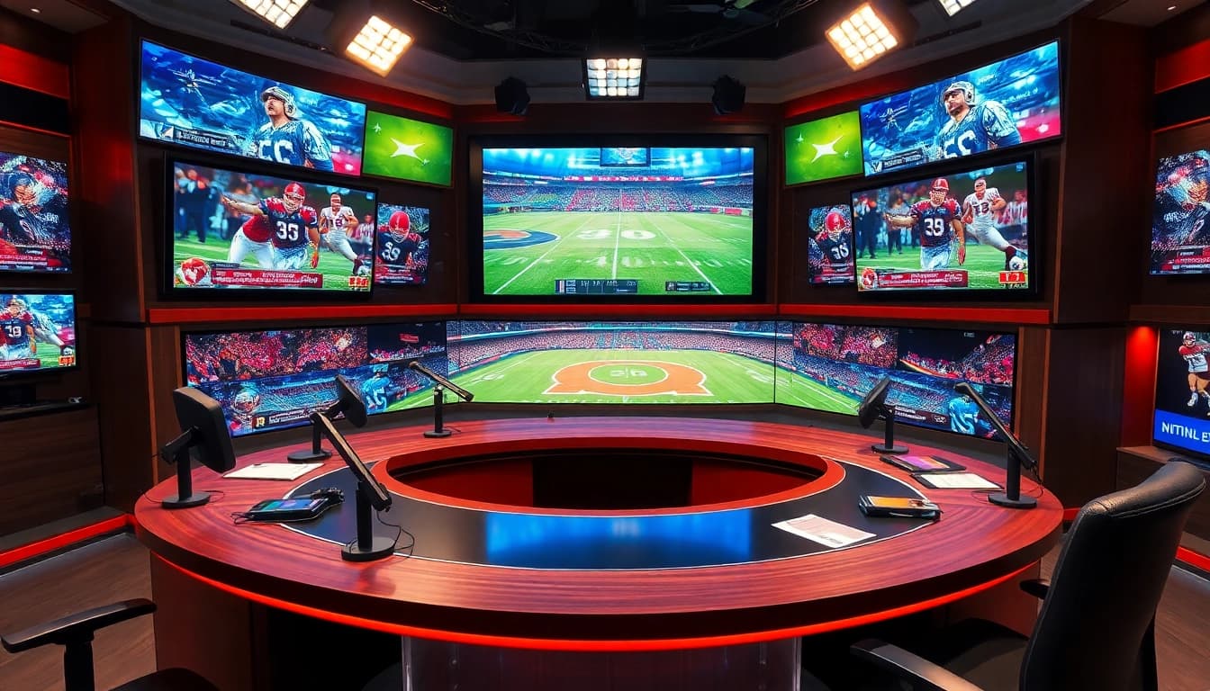 Engaging scene of sports broadcasting with screens showing live events and a ready news desk.