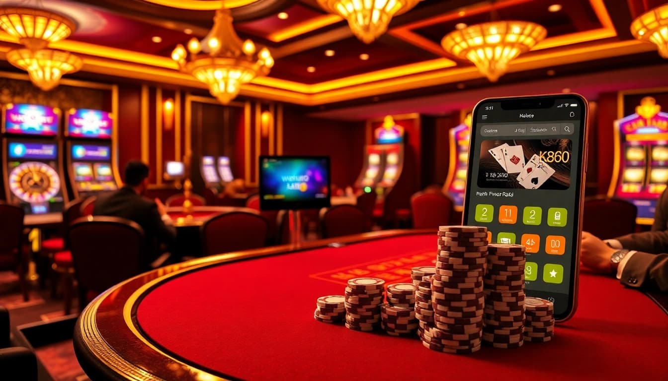 Engage with NK88 casino excitement at a luxury poker table with vibrant slots in view.