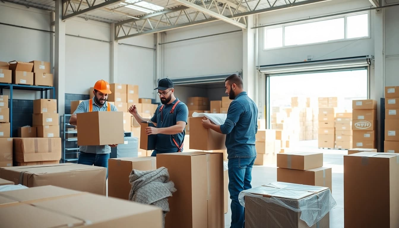 Packing and organizing items for provincial moving & storage by skilled professionals in a bright warehouse.