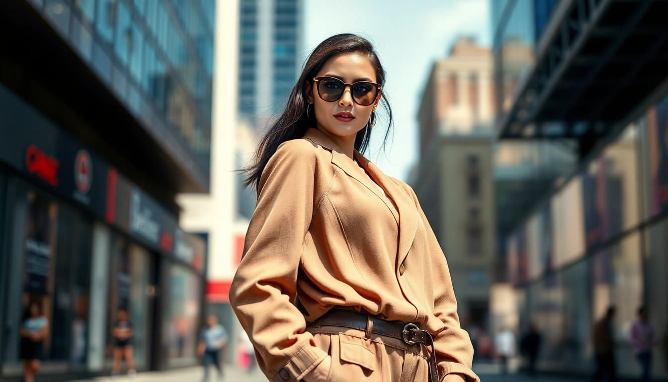 Model representing modern Fashion trends in a vibrant urban setting with stylish attire.