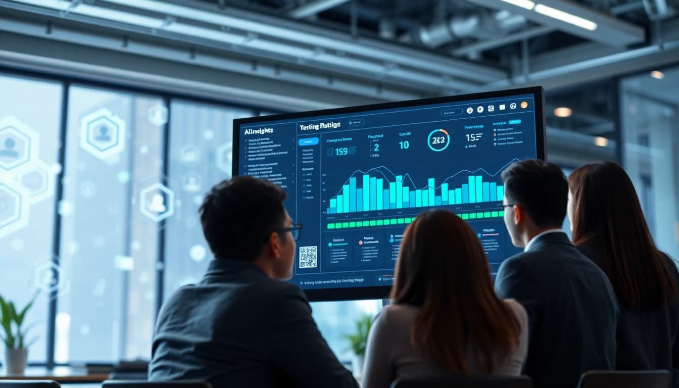 Optimize AI testing with https://benchbot.ai showcasing a collaborative team working with advanced technology.