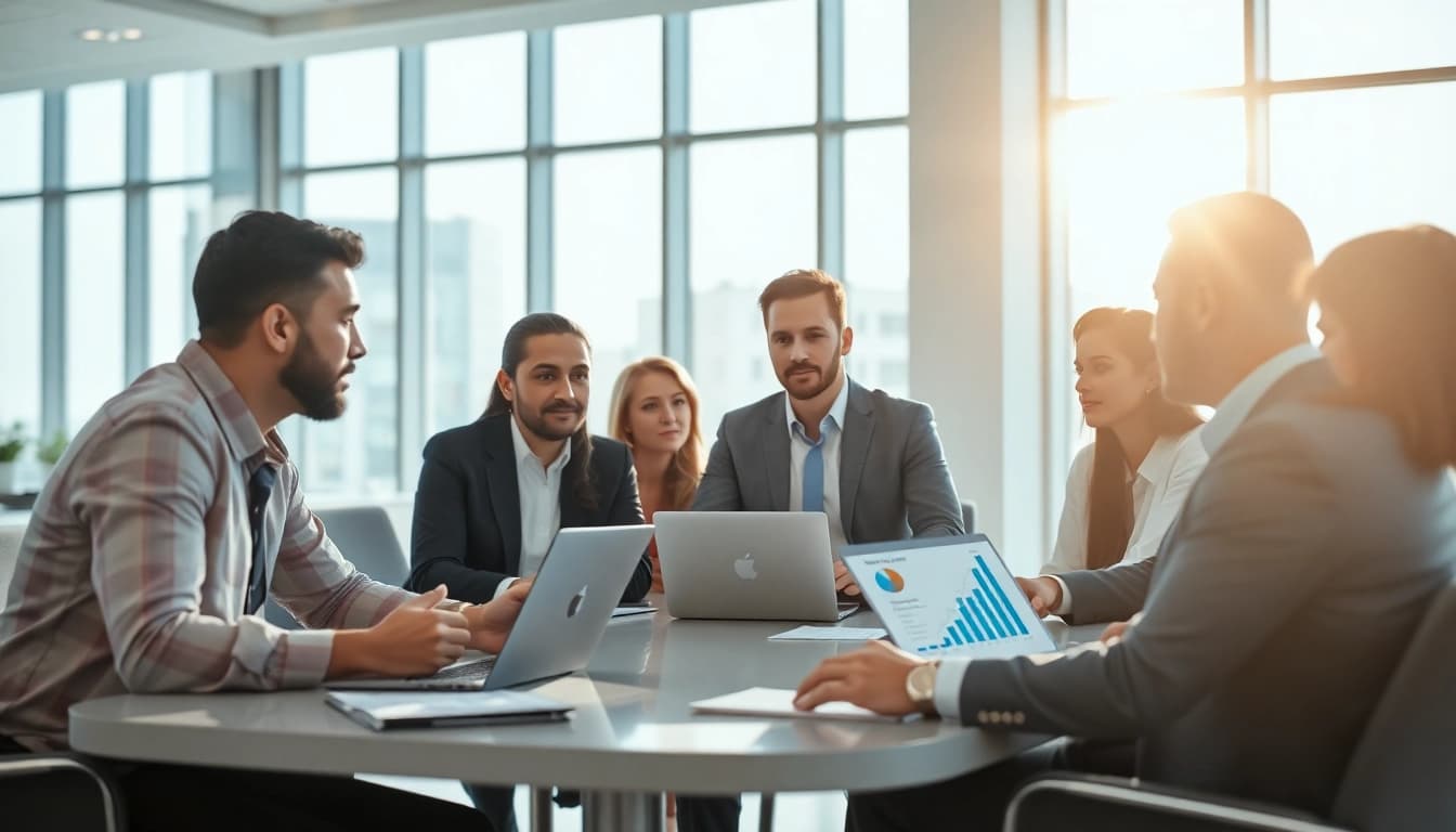 Analyze competitor pricing strategies during a business meeting in a modern office.