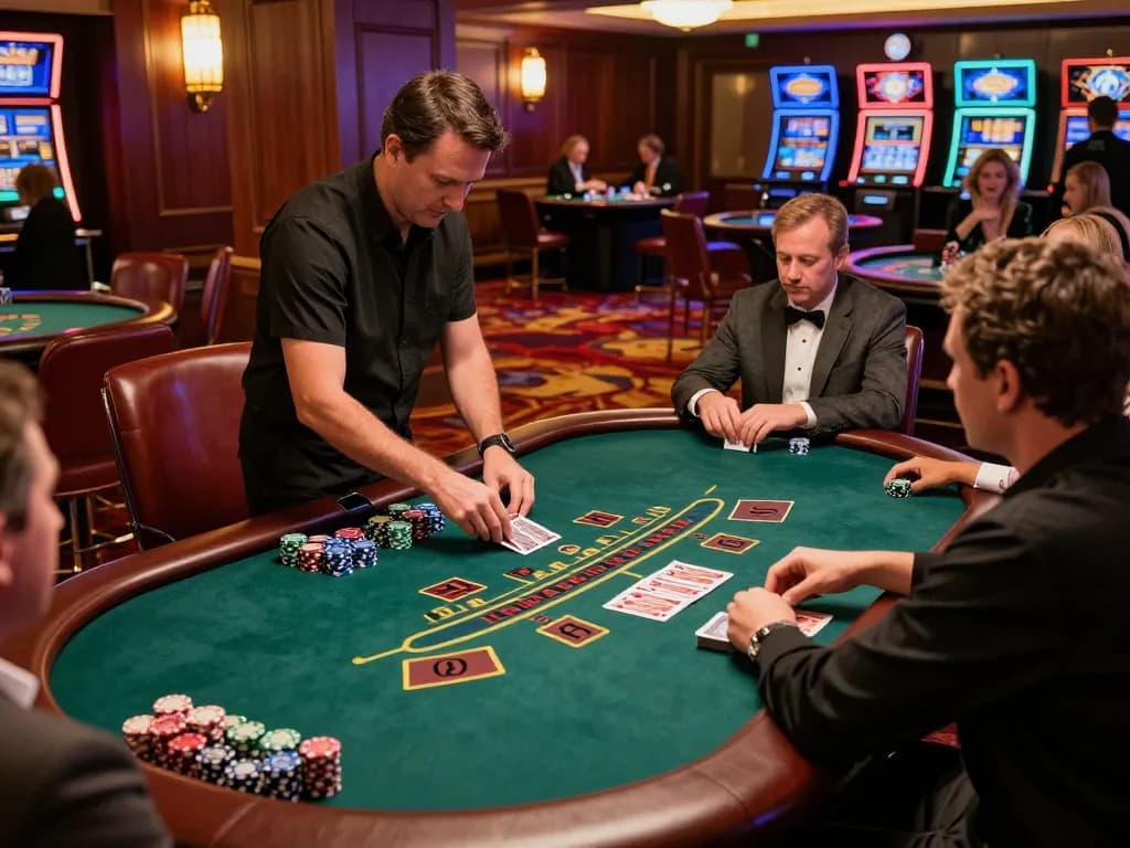 Thabet blackjack table in action, players engaged with dealer, vibrant casino atmosphere, high-stakes excitement