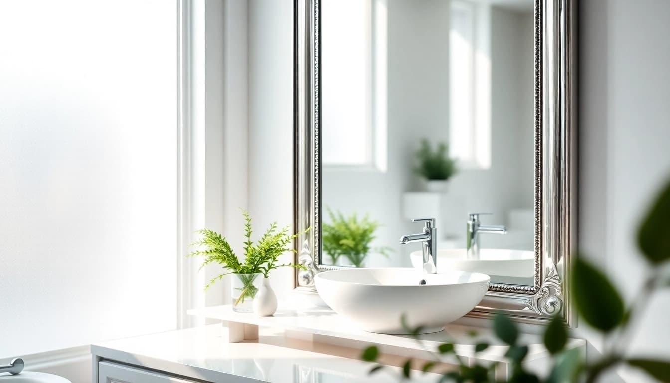 Showcase of an elegant bathroom mirror with chrome framing reflecting stylish decor.