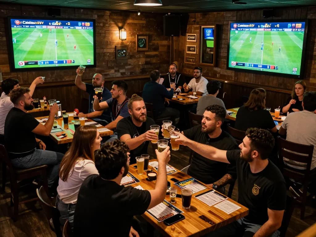 Cakhiatv live soccer fans cheering and placing bets in a lively sports bar atmosphere