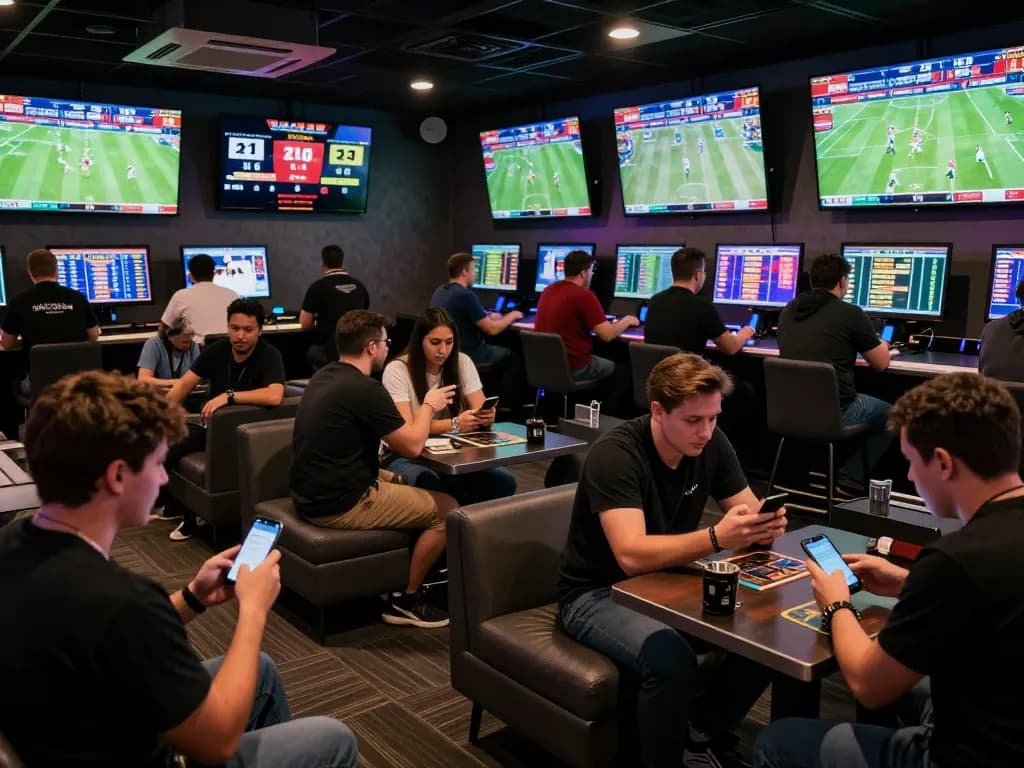 N188 live sports betting scene with enthusiastic players analyzing odds and placing bets in a vibrant lounge.