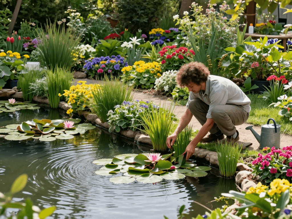 Pond Plants beautifully arranged in a serene garden scene with a gardener planting vibrant water lilies.