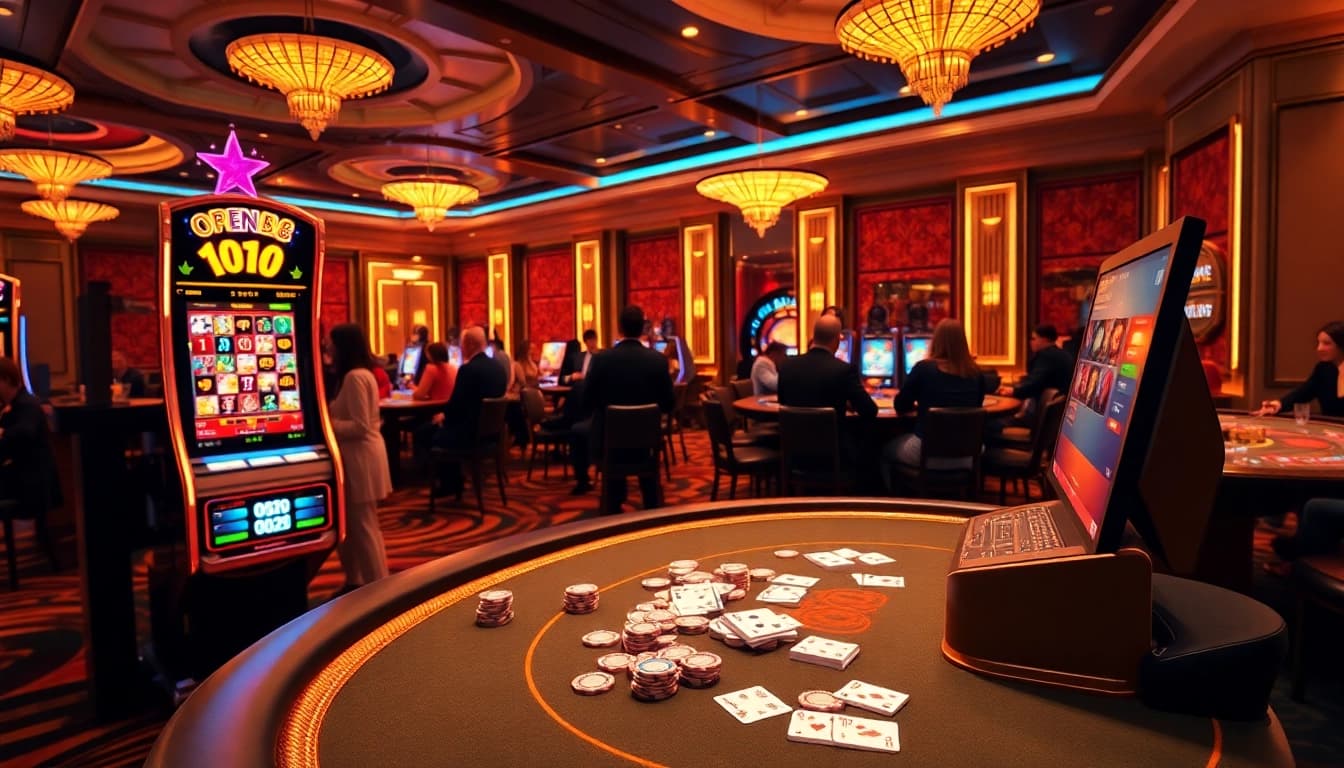 Players engaging at a premium gaming table at open88, surrounded by lively casino elements.