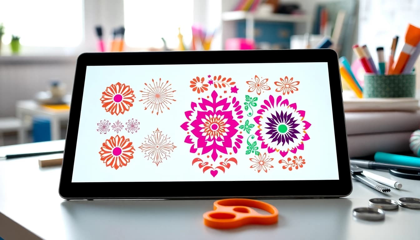 Showcasing beautiful free svg designs on a digital tablet among vibrant crafting materials.