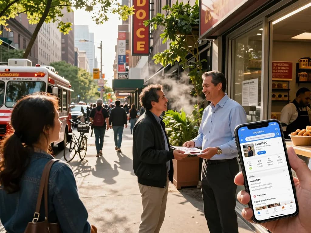 Local SEO NYC scene with a business owner engaging customers outside a vibrant storefront in NYC.
