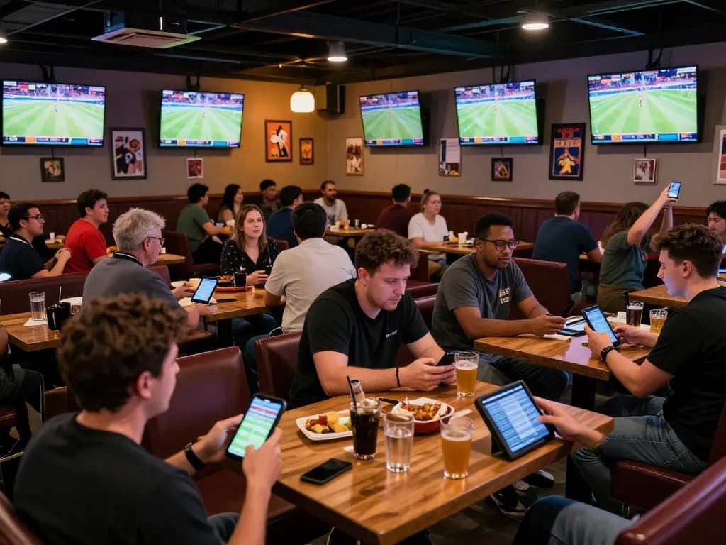 KQBD: Enthusiastic fans engaged in sports betting at a lively lounge with multiple screens.