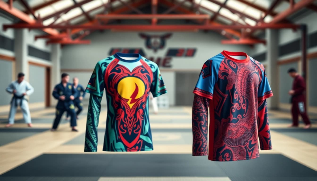Shop similar variations of BJJ rash guards showcasing unique designs in a martial arts setting.