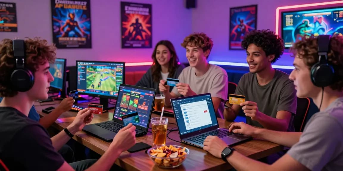 Friends enjoying gaming at a credit card casino with visible credit cards and vibrant atmosphere.