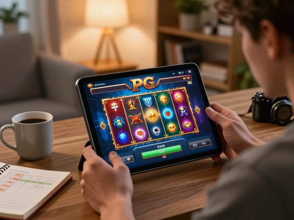 Engaging demo slot pg gameplay experience displayed on a tablet in a cozy home environment.