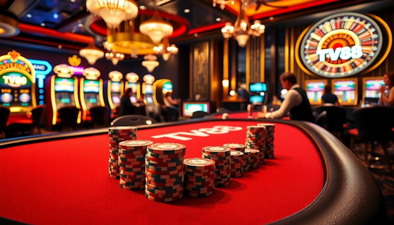 Excited players enjoying a vibrant gambling scene with TV88 branding in a luxurious casino atmosphere.