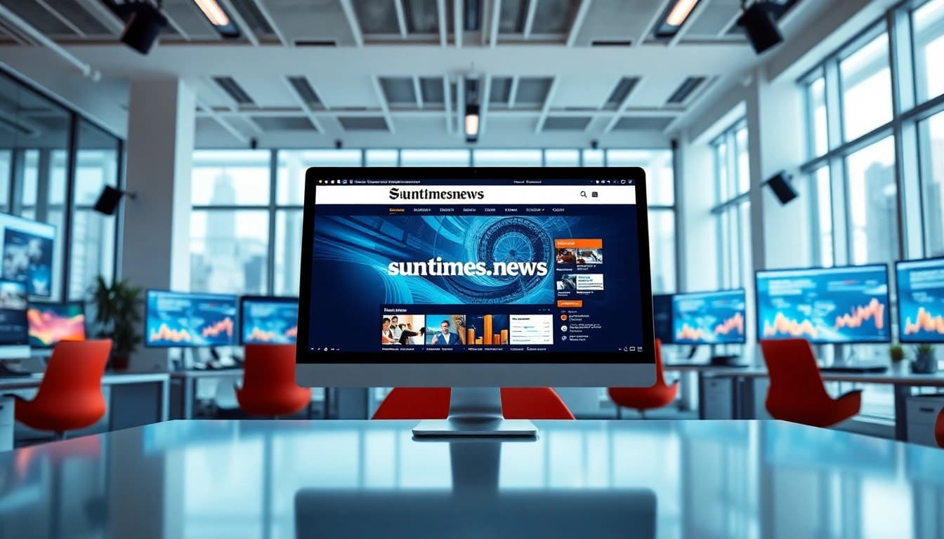 View of an engaging media workspace highlighting suntimesnews.com on computer displays