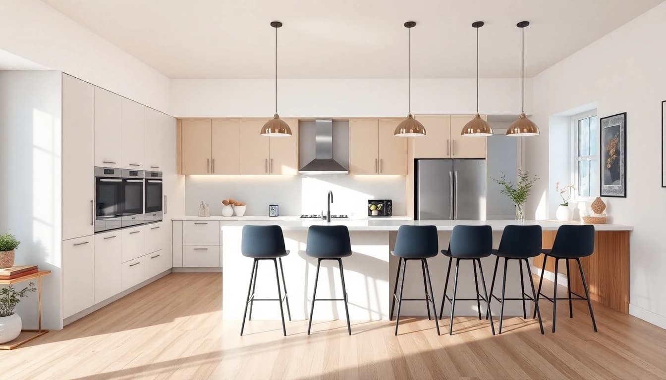 Home renovation showcasing a modern kitchen with elegant fixtures and warm lighting.