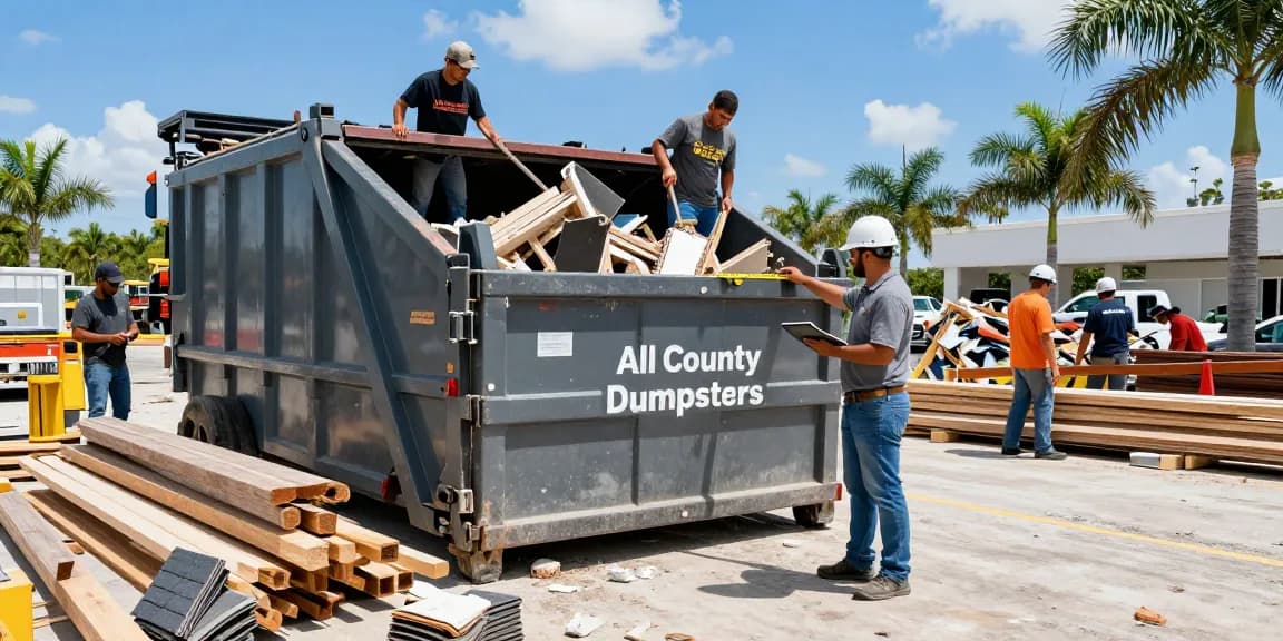 Efficient dumpster rental in Miami FL with team loading debris at a construction site for hassle-free waste management.