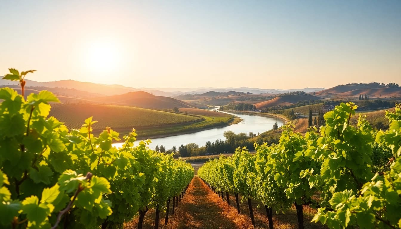 Scenic view of Clarksburg, CA with vibrant vineyards and gentle riverbanks.