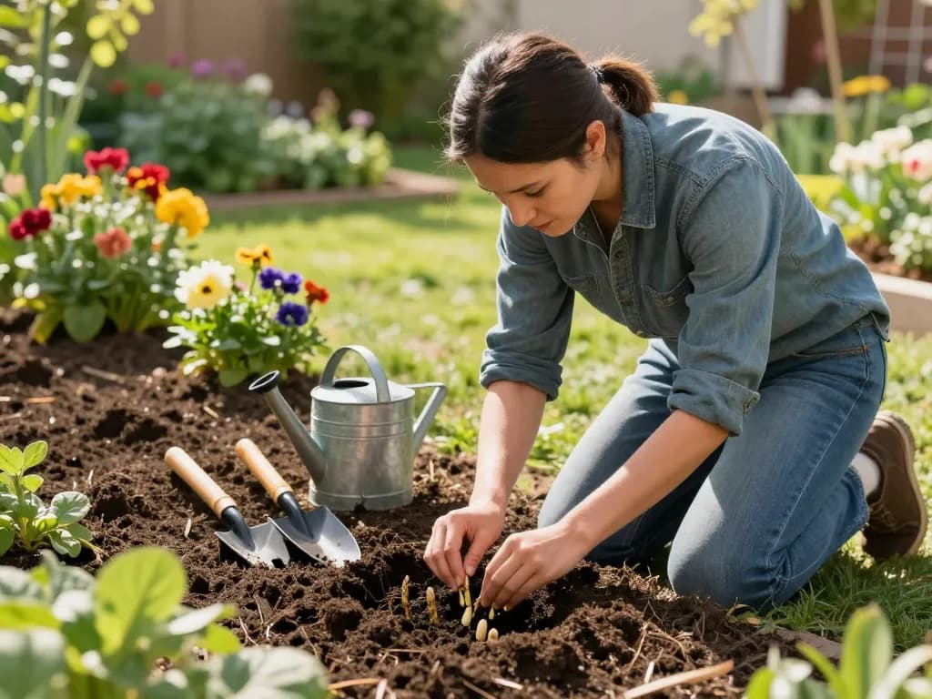 Asperges kweken in home garden with gardener planting seeds and gardening tools.
