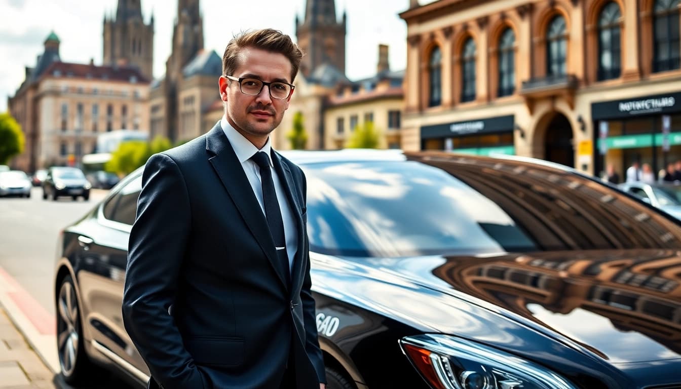 Chauffeur Nottingham standing next to a luxury car in front of iconic Nottingham landmarks